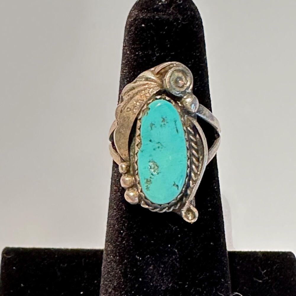 Vtg Turquoise Ring Size 4 Nat American Sterling Silver Statement Ring, Unmarked